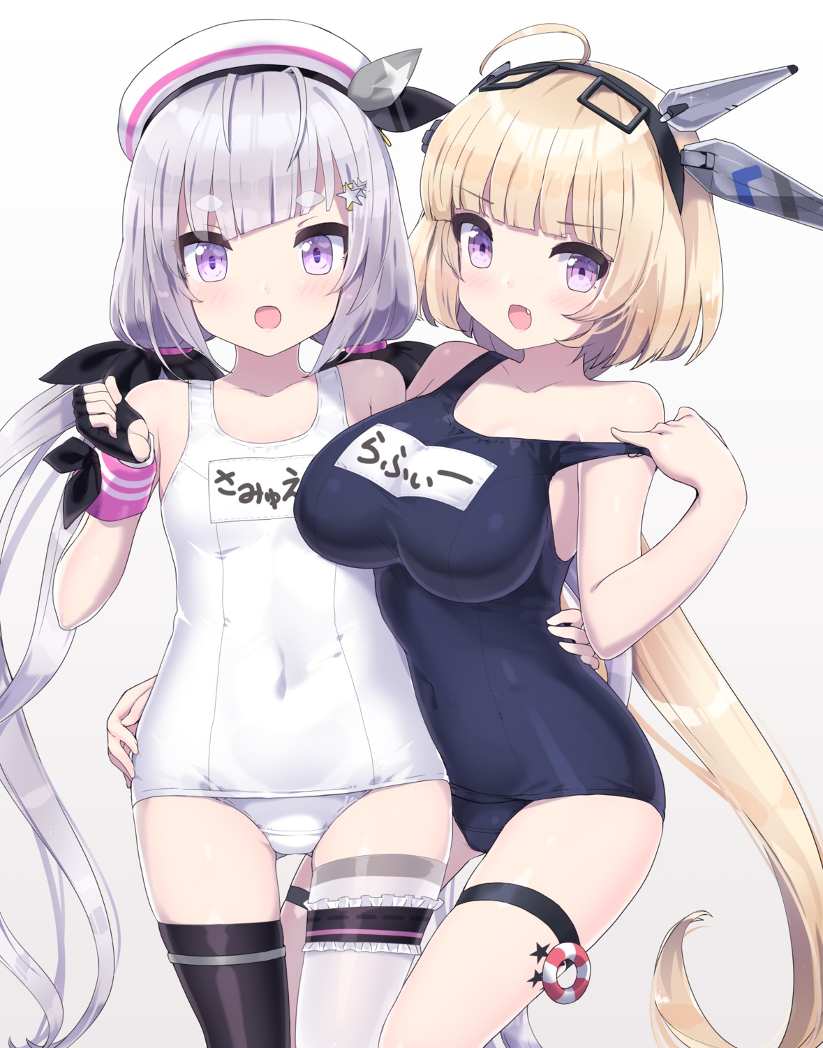 blue_oath, garter, ktsecond, school_swimsuit, swimsuits, tattoo, thighhighs, undressing