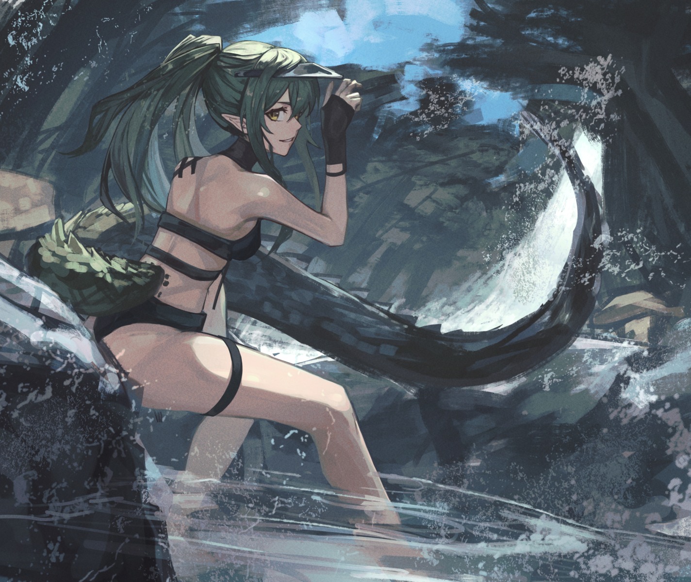 aito, arknights, bikini, garter, gavial_(arknights), pointy_ears, swimsuits, tail