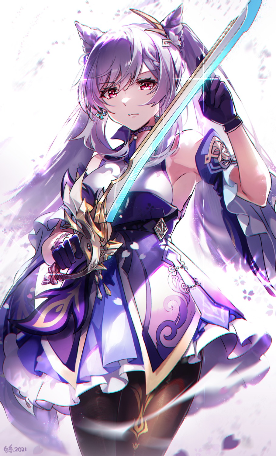 asian_clothes, baisi_shaonian, genshin_impact, keqing, pantyhose, sword