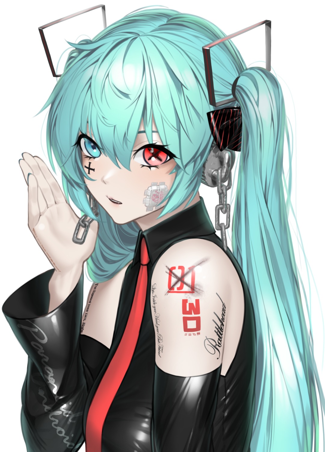 bandaid, hatsune_miku, heterochromia, norunollu, tattoo, vocaloid