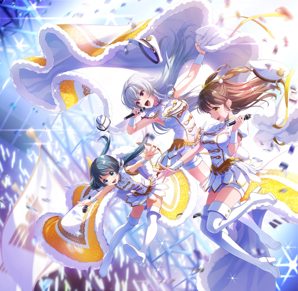 heels, idoly_pride, okuyama_sumire, skirt_lift, suzumura_yuu, tagme, tendou_rui, thighhighs