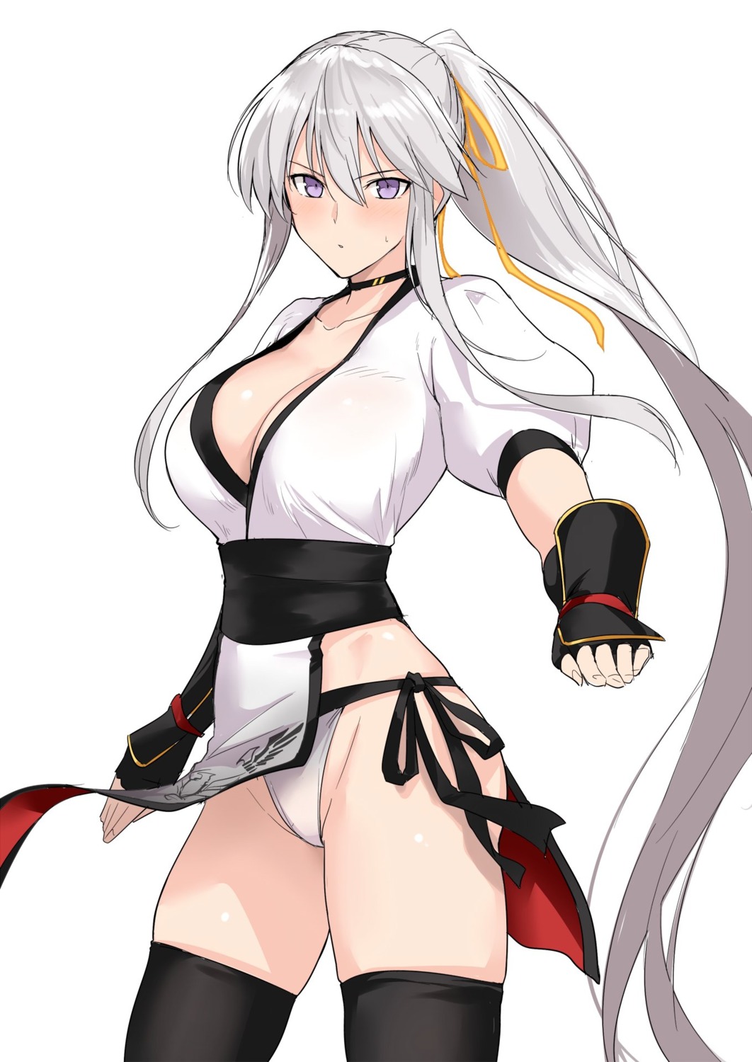 azur_lane, cleavage, cosplay, dead_or_alive, enterprise_(azur_lane), halcon, kasumi, no_bra, open_shirt, pantsu, skirt_lift, string_panties, thighhighs
