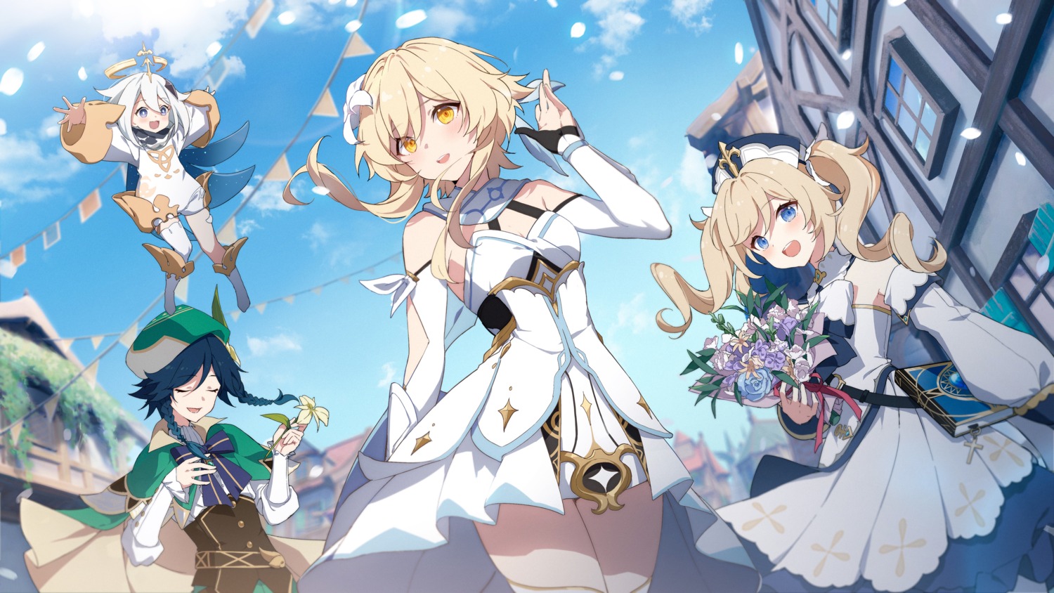 barbara_(genshin_impact), genshin_impact, lumine, paimon, skirt_lift, slyvia, thighhighs, venti