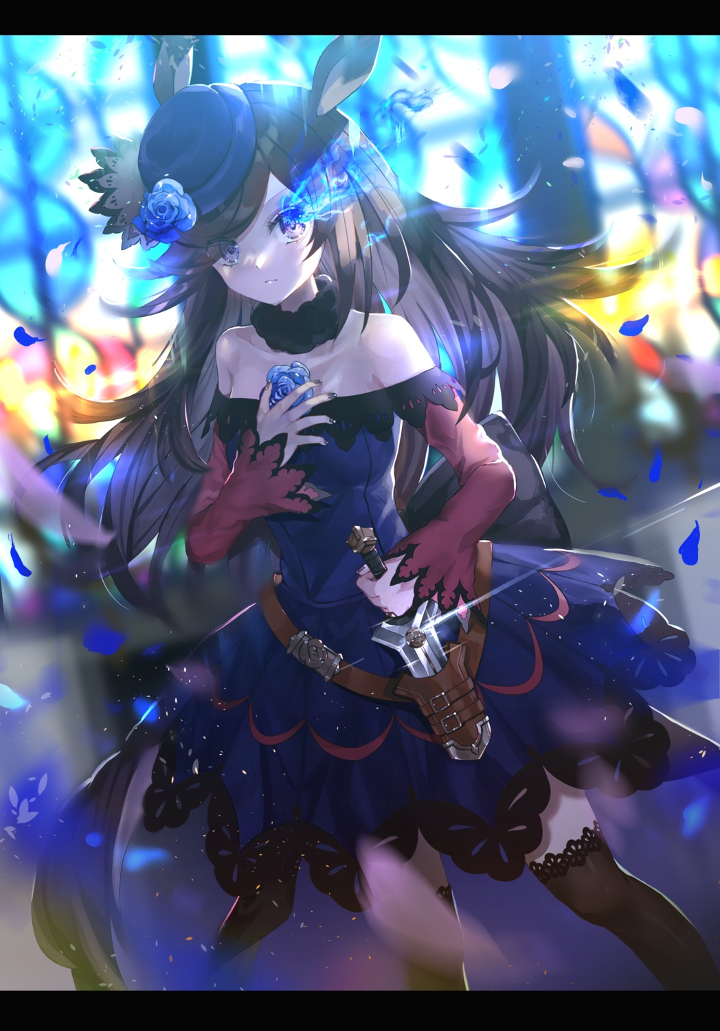 animal_ears, dress, piyo_(sqn2idm751), rice_shower_(umamusume), tail, thighhighs, uma_musume_pretty_derby, weapon