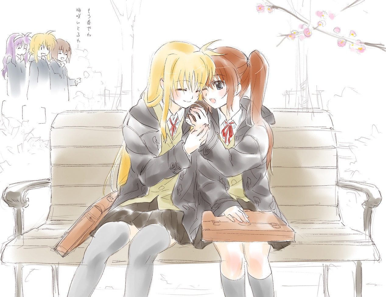 alisa_bannings, fate_testarossa, koparu, mahou_shoujo_lyrical_nanoha, mahou_shoujo_lyrical_nanoha_a's, seifuku, takamachi_nanoha, thighhighs, tsukimura_suzuka, yagami_hayate, yuri
