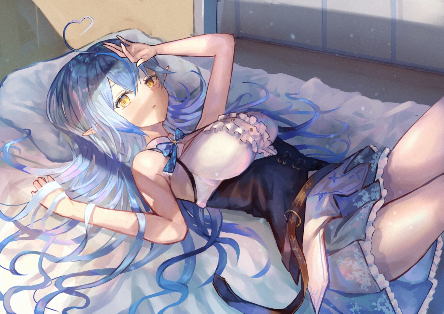 elf, hololive, pointy_ears, skirt_lift, xyunx, yukihana_lamy