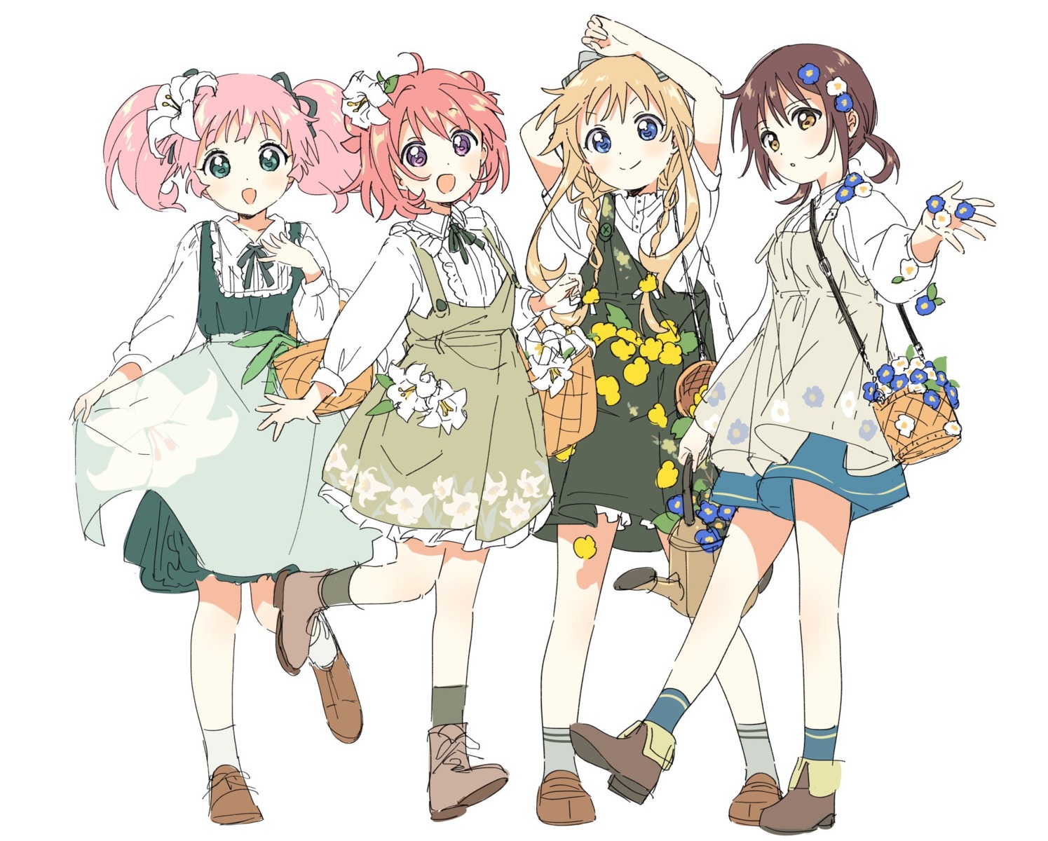 akaza_akari, dress, funami_yui, namori, overalls, sketch, toshinou_kyouko, yoshikawa_chinatsu