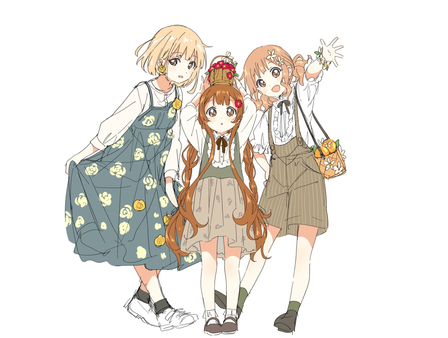 dress, namori, oomuro_hanako, oomuro_nadeshiko, oomuro_sakurako, overalls, sketch, yuru_yuri