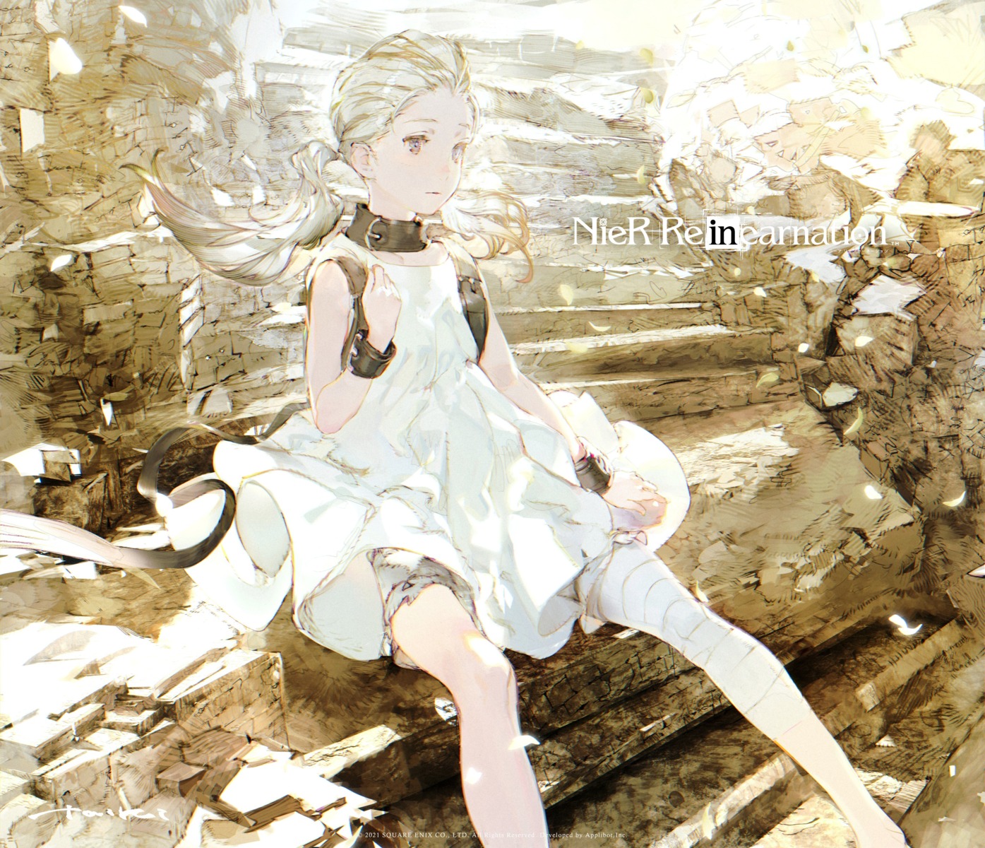 bandages, bloomers, dress, fio_(nier), nier, nier_reincarnation, skirt_lift, square_enix