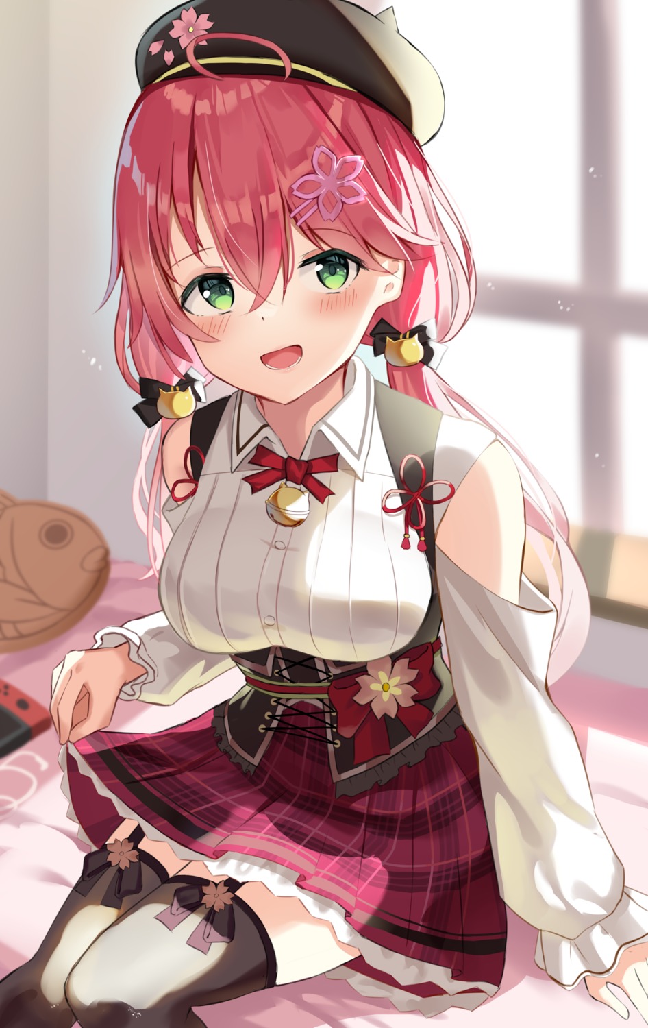 hololive, mizuki_ryuu, sakura_miko, skirt_lift, stockings, thighhighs