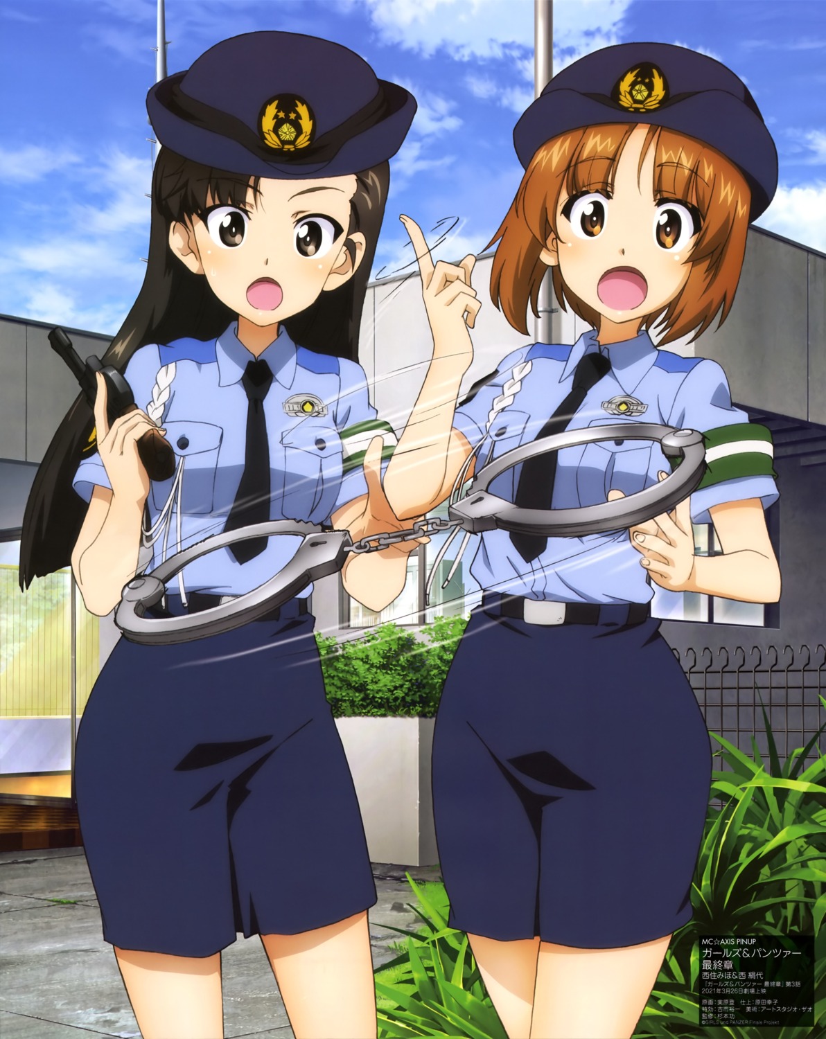 girls_und_panzer, gun, jitsuhara_noboru, nishi_kinuyo, nishizumi_miho, police_uniform