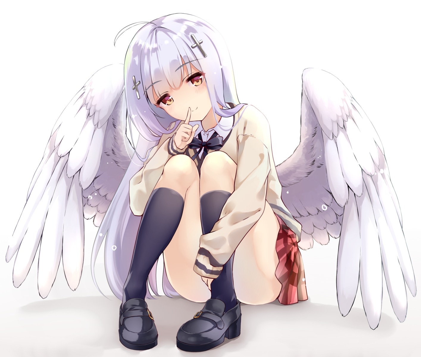 gabriel_dropout, heels, sazanka, seifuku, shiraha_raphiel_ainsworth, skirt_lift, sweater, wings