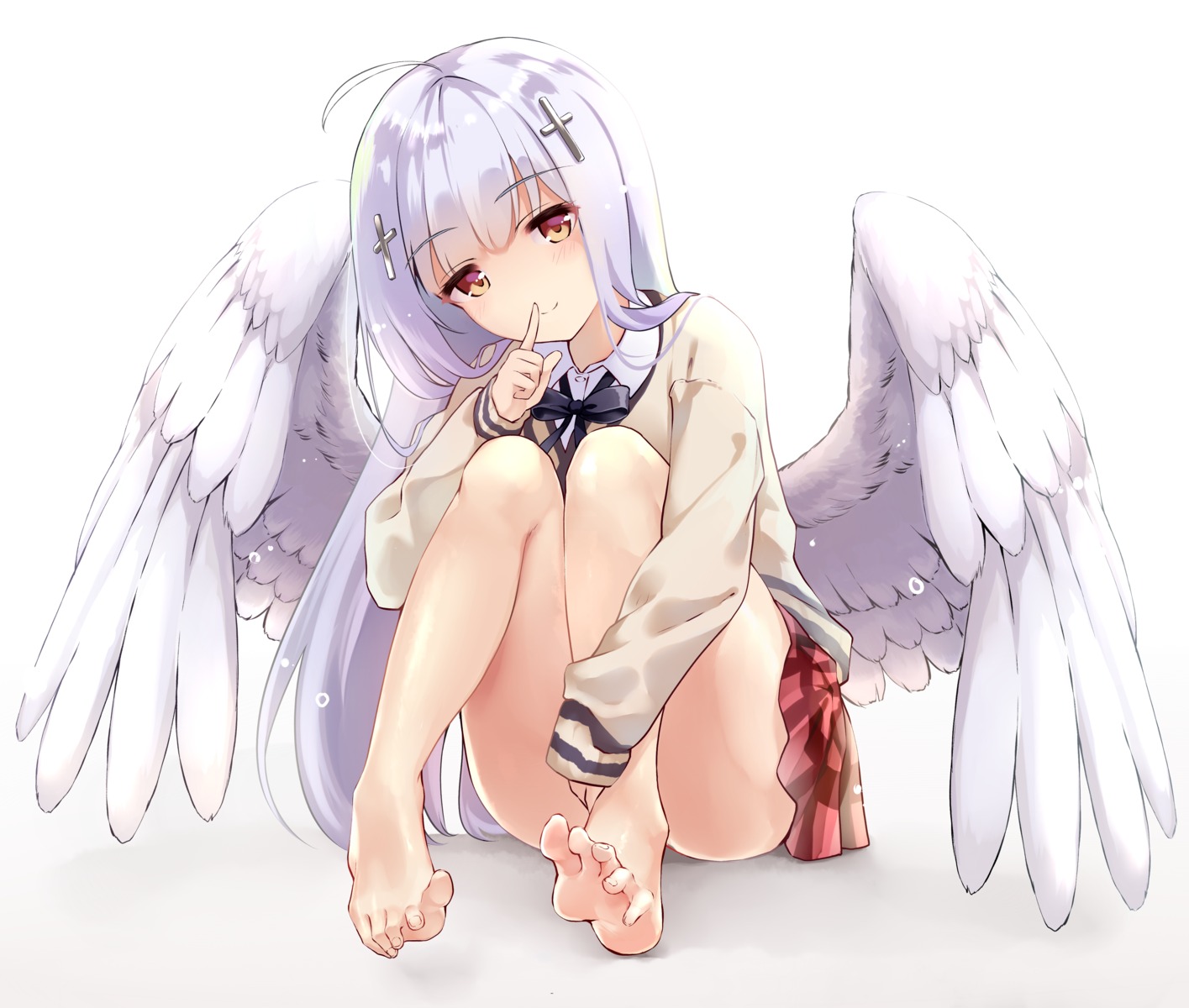 feet, gabriel_dropout, sazanka, seifuku, shiraha_raphiel_ainsworth, skirt_lift, sweater, wings