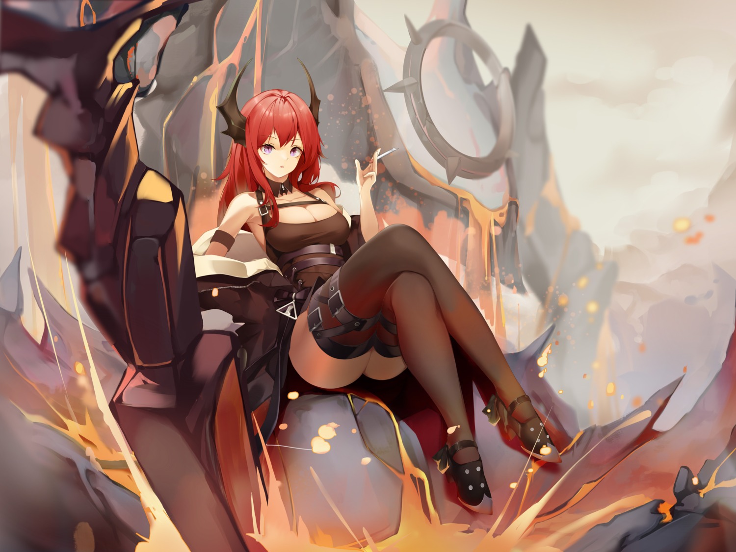 arknights, garter, horns, nevin_(flyskying), no_bra, skirt_lift, surtr_(arknights), thighhighs