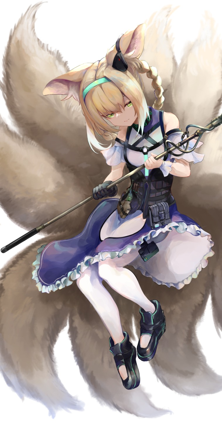 animal_ears, arknights, garter, kajuu, kitsune, pantyhose, skirt_lift, suzuran_(arknights), tail, weapon