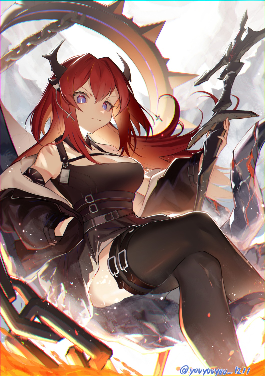 arknights, garter, horns, skirt_lift, surtr_(arknights), tail, thighhighs, weapon, youyouyou_1211
