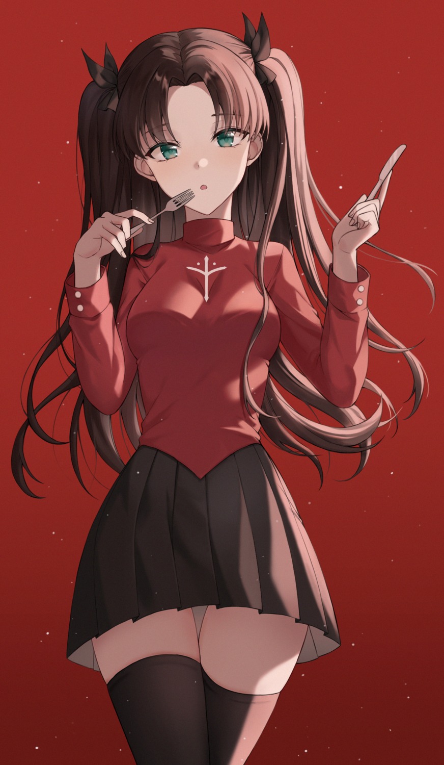 fate/stay_night, sweater, thighhighs, toosaka_rin, yeorem