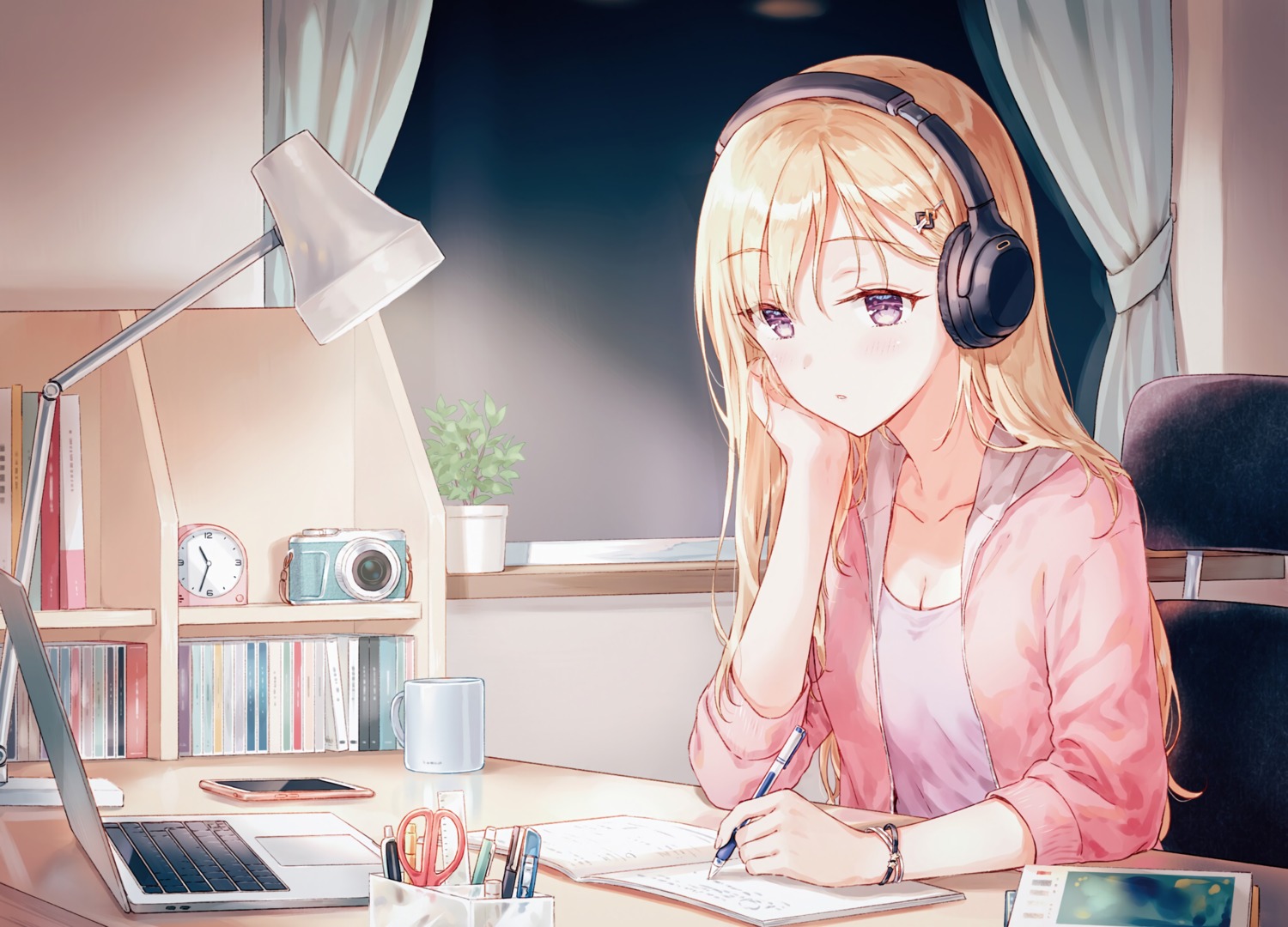 ayase_saki, cleavage, detexted, gimai_seikatsu, headphones, hiten