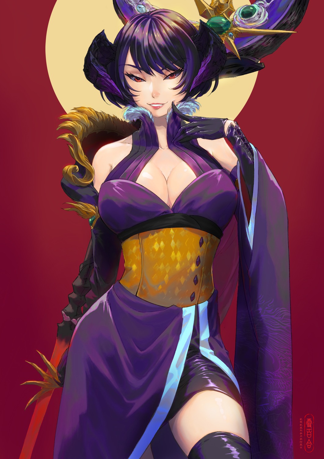 au_ra, final_fantasy, final_fantasy_xiv, japanese_clothes, no_bra, stellarstatelogic, sword, thighhighs