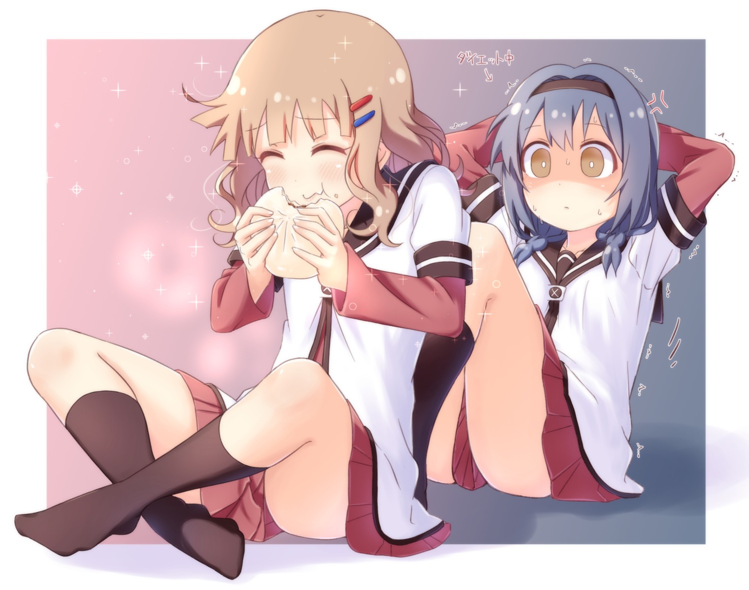 furutani_himawari, oomuro_sakurako, pontasu, seifuku, skirt_lift, yuru_yuri