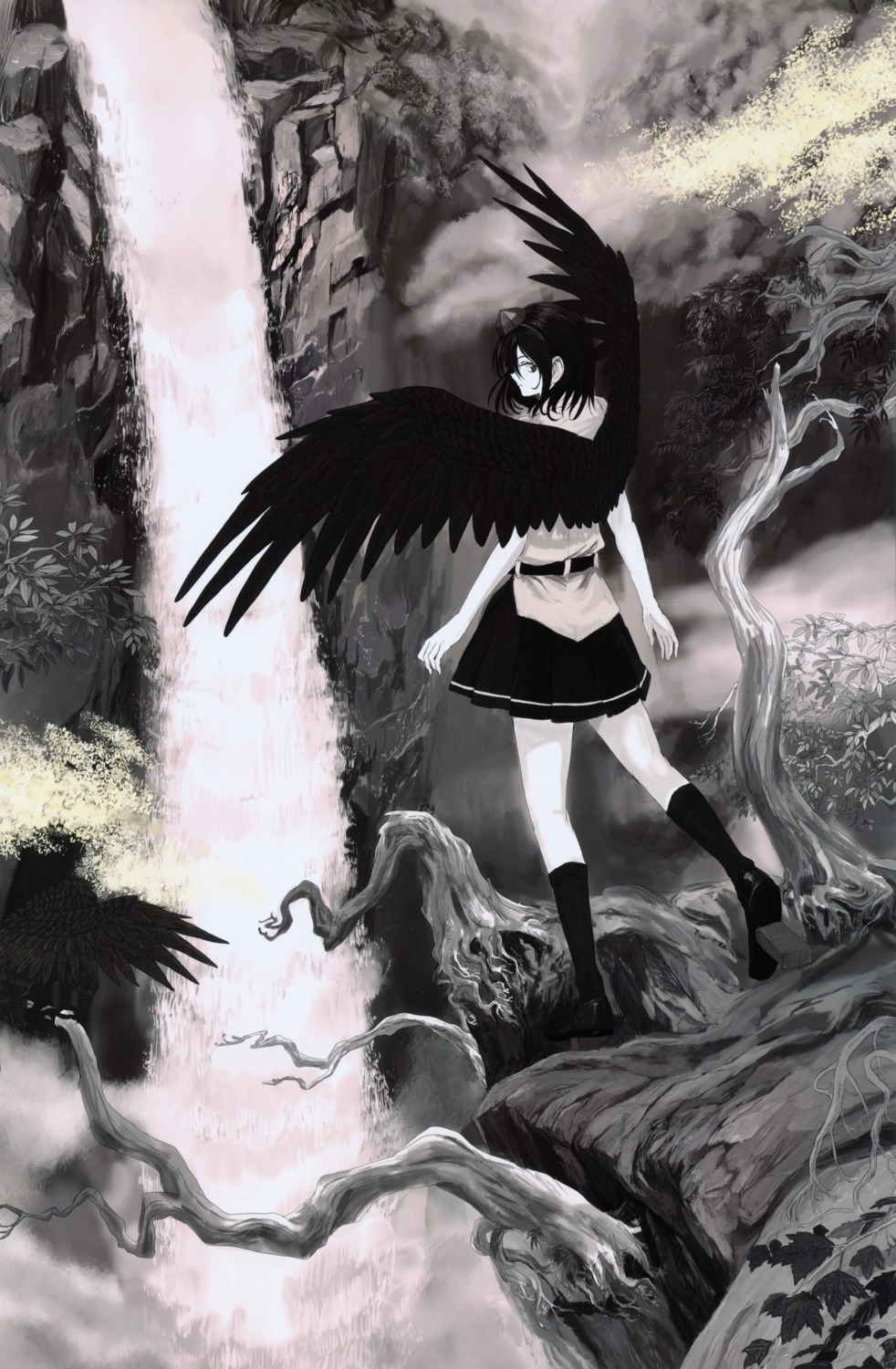 monochrome, plant, shameimaru_aya, touhou, tsurui, wings