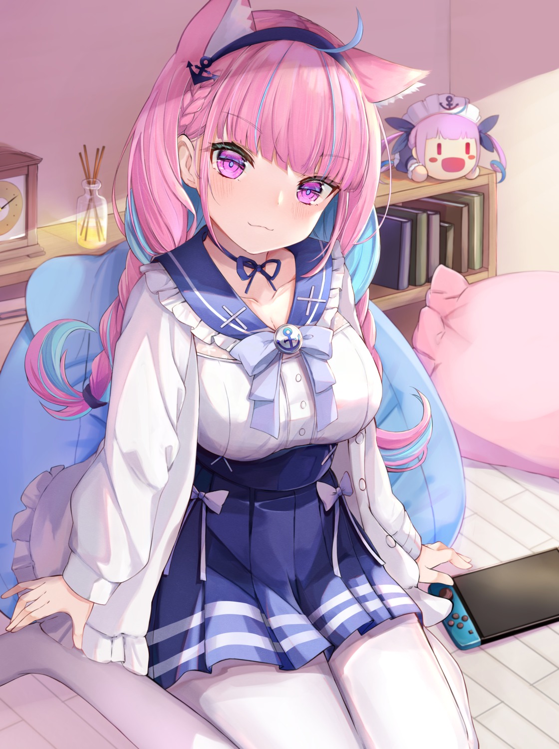 animal_ears, chibi, hololive, kanno_esuto, minato_aqua, nekomimi, pantyhose, seifuku