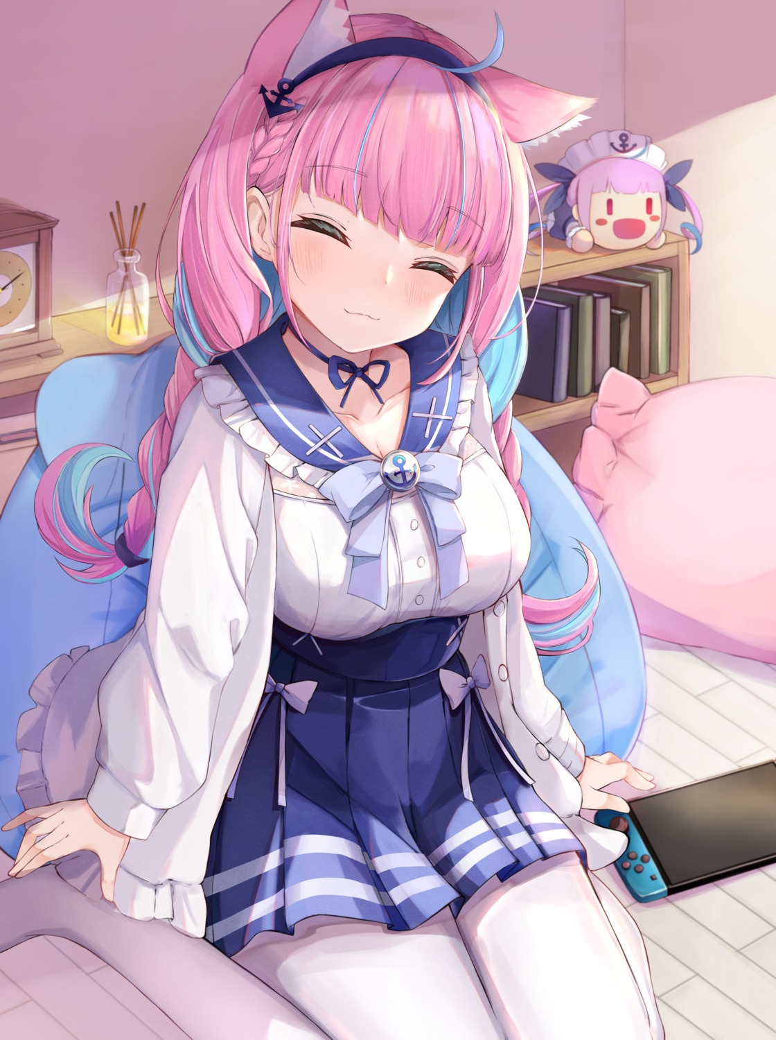 animal_ears, chibi, hololive, kanno_esuto, minato_aqua, nekomimi, pantyhose, seifuku