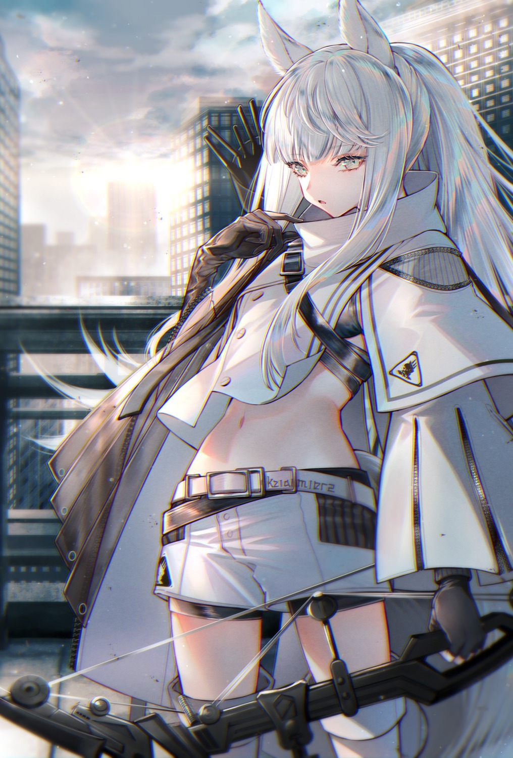 animal_ears, arknights, platinum_(arknights), sanbabasanba, tail, thighhighs, weapon