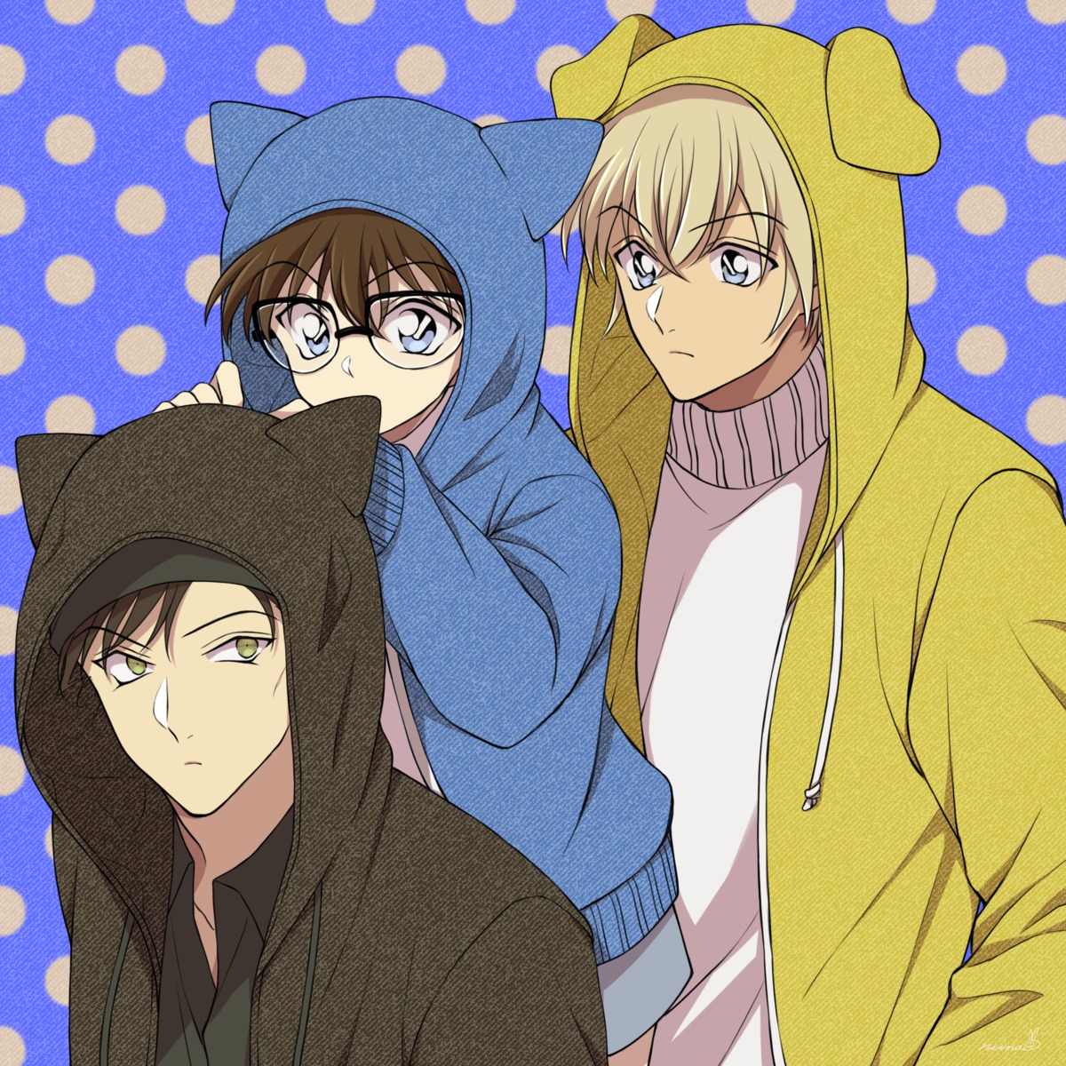 akai_shuuichi, animal_ears, edogawa_conan, furuya_rei, inumimi, male, megane, meitantei_conan