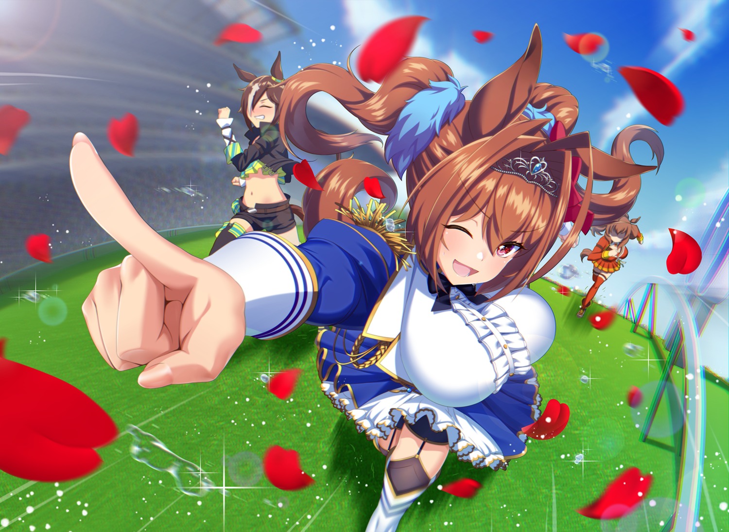 animal_ears, daiwa_scarlet_(umamusume), kagiyama_(clave), maruzensky_(umamusume), skirt_lift, stockings, tail, thighhighs, uma_musume_pretty_derby, uniform, vodka_(umamusume)