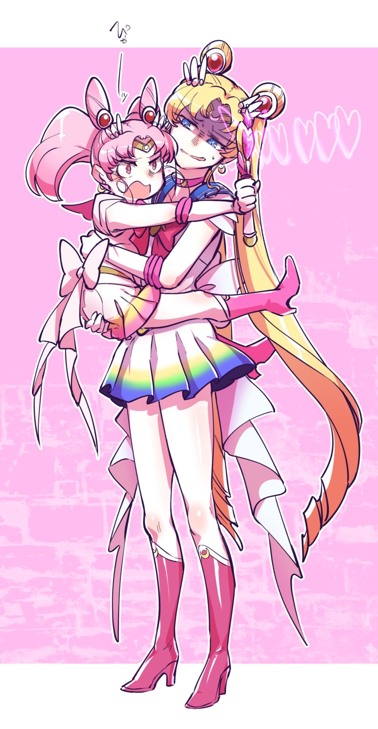 bishoujo_senshi_sailor_moon, chibiusa, heels, seifuku, skirt_lift, takatsuki_nato, tsukino_usagi, weapon