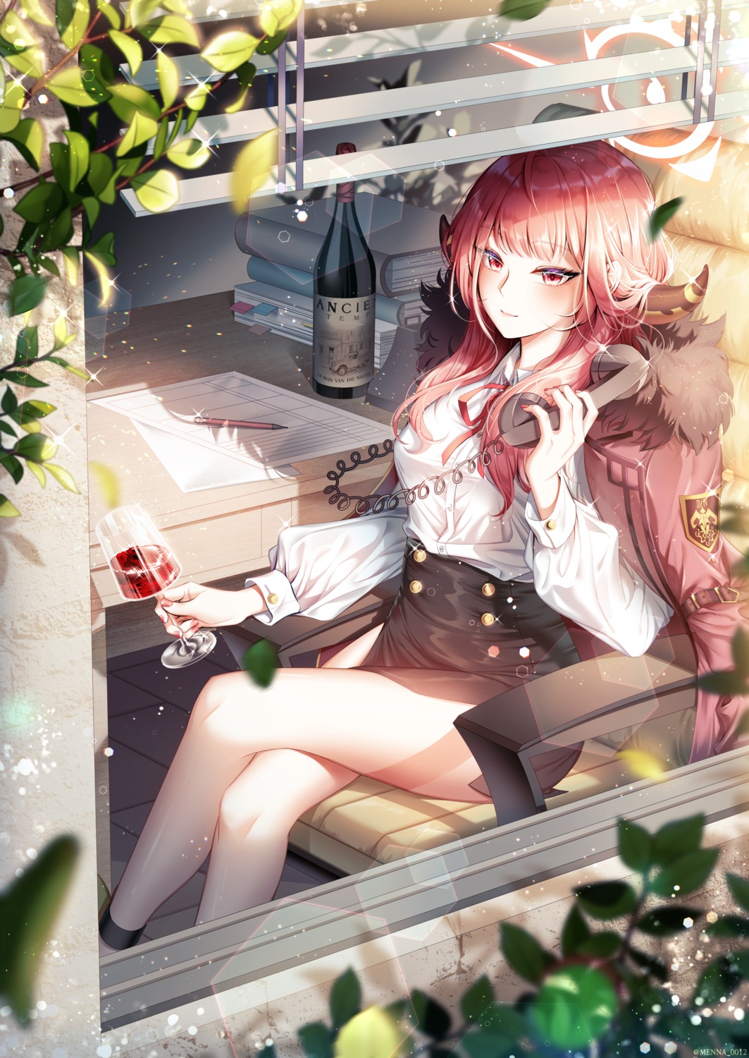 blue_archive, dress_shirt, halo, horns, menna_(0012), rikuhachima_aru, skirt_lift