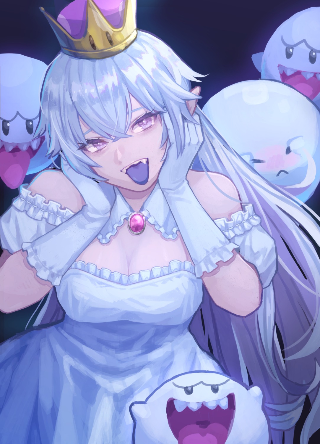 cleavage, dress, new_super_mario_bros._u_deluxe, pointy_ears, princess_king_boo, saino