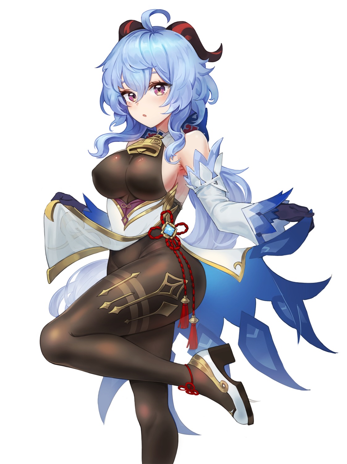 asian_clothes, dano, erect_nipples, ganyu, genshin_impact, heels, horns, leotard, no_bra, pantyhose, skirt_lift