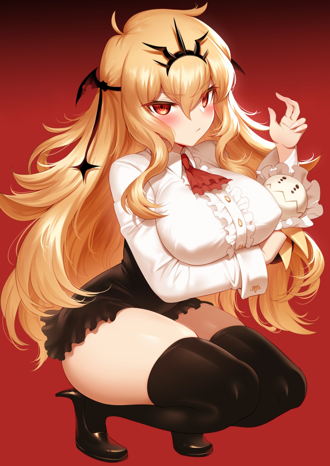 black_rock_shooter, breast_hold, chariot, erect_nipples, heels, m-da_s-tarou, skirt_lift, thighhighs
