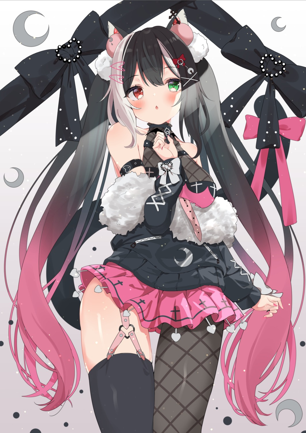 agaki_anko, animal_ears, fishnets, heterochromia, nekomimi, skirt_lift, stockings, tail, thighhighs