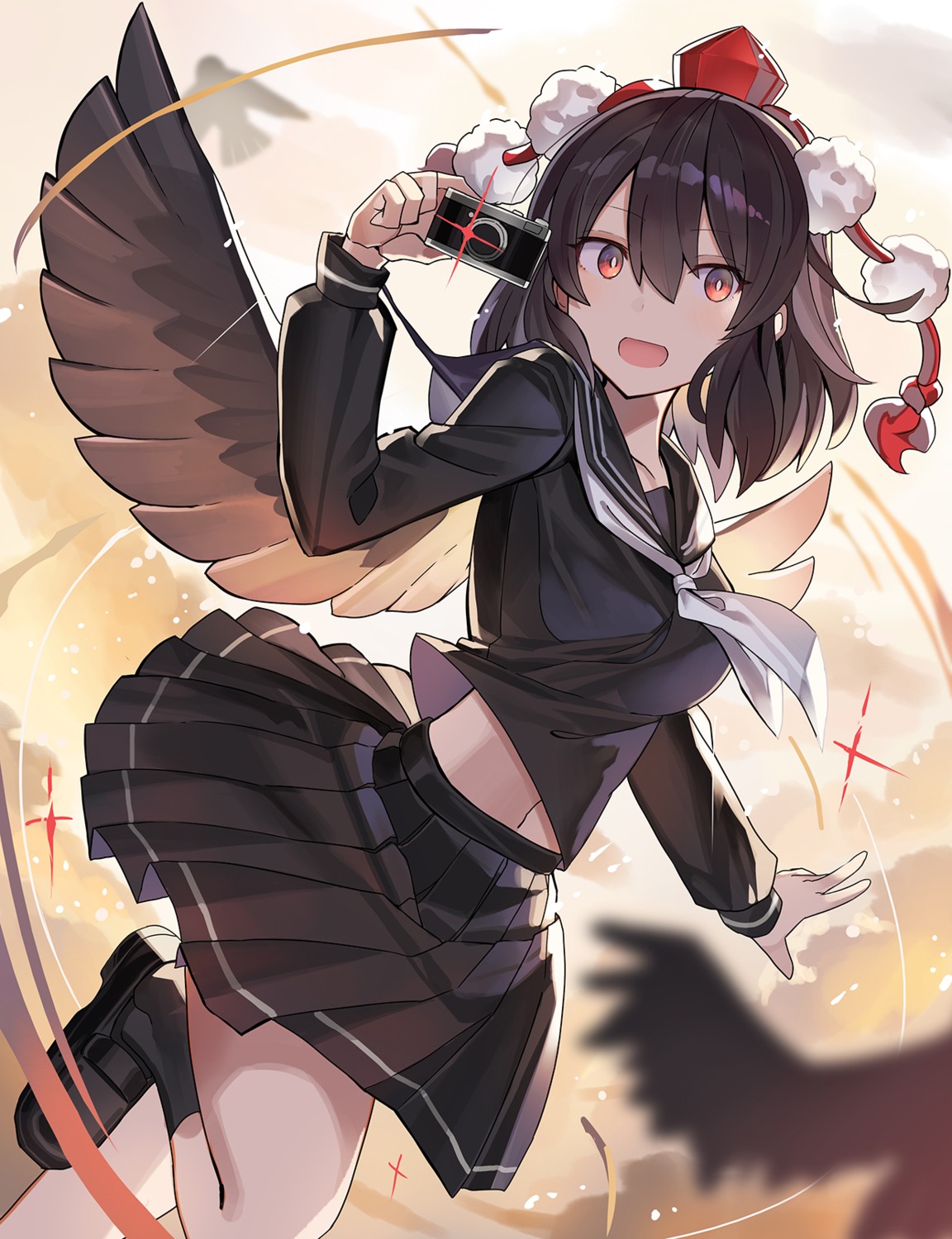 rin_falcon, seifuku, shameimaru_aya, skirt_lift, touhou, wings