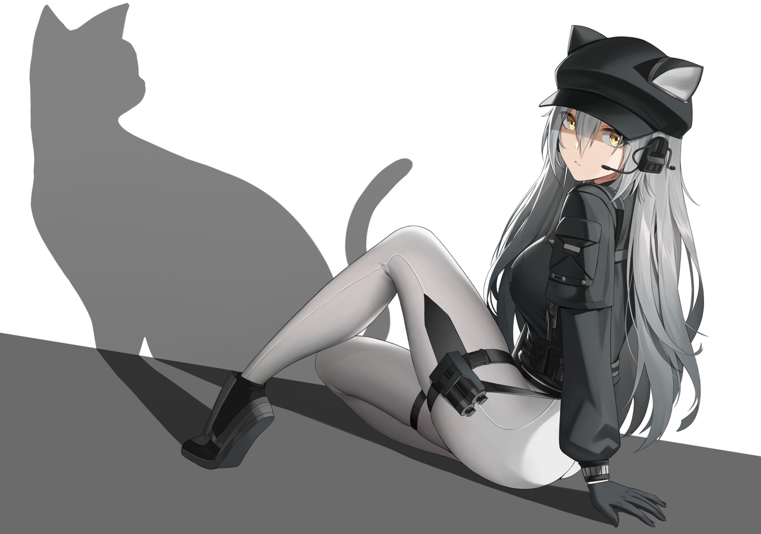 animal_ears, arknights, garter, kurosara, neko, nekomimi, schwarz_(arknights), silhouette