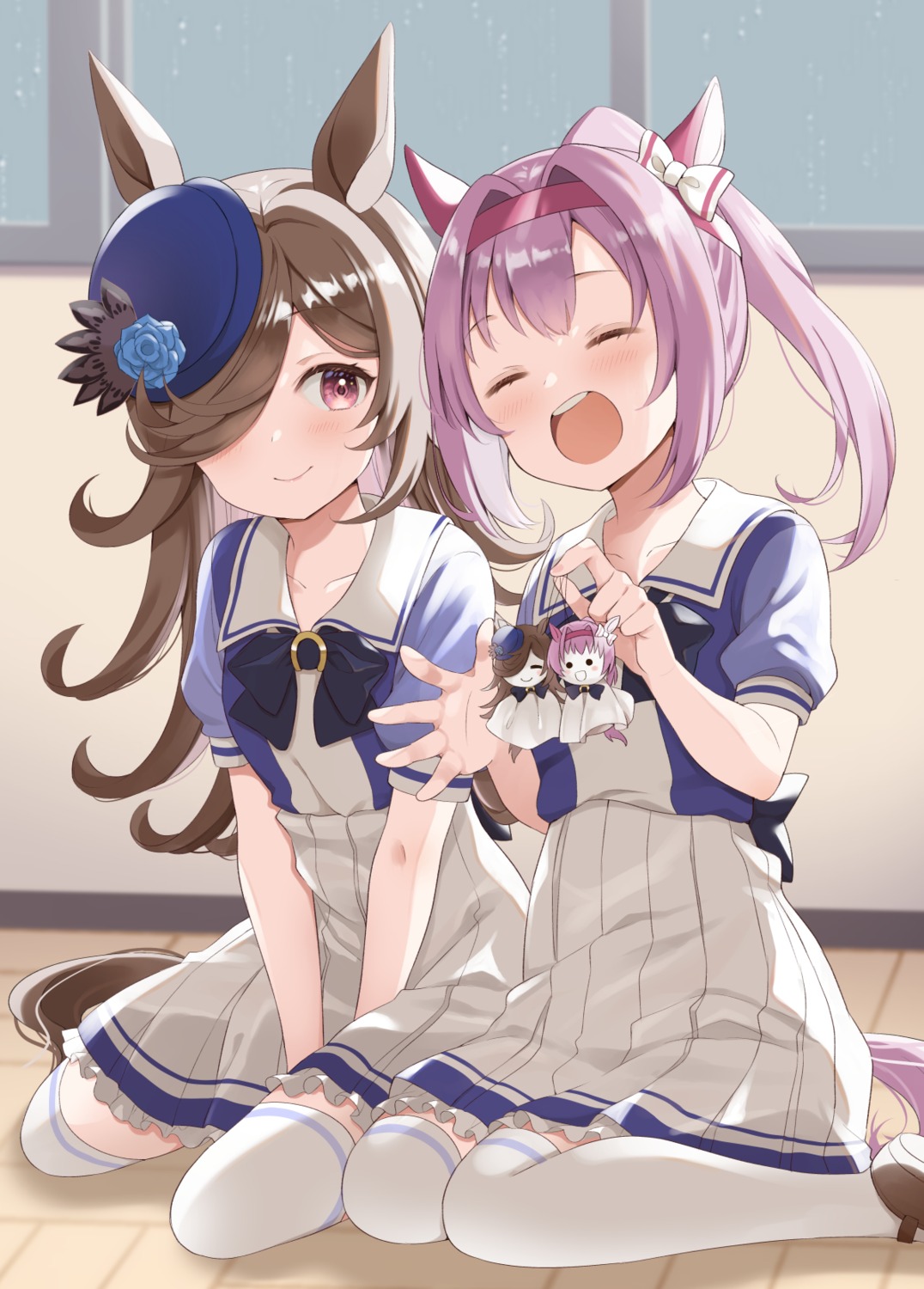 animal_ears, chibi, haru_urara_(umamusume), rice_shower_(umamusume), seifuku, tail, thighhighs, uma_musume_pretty_derby