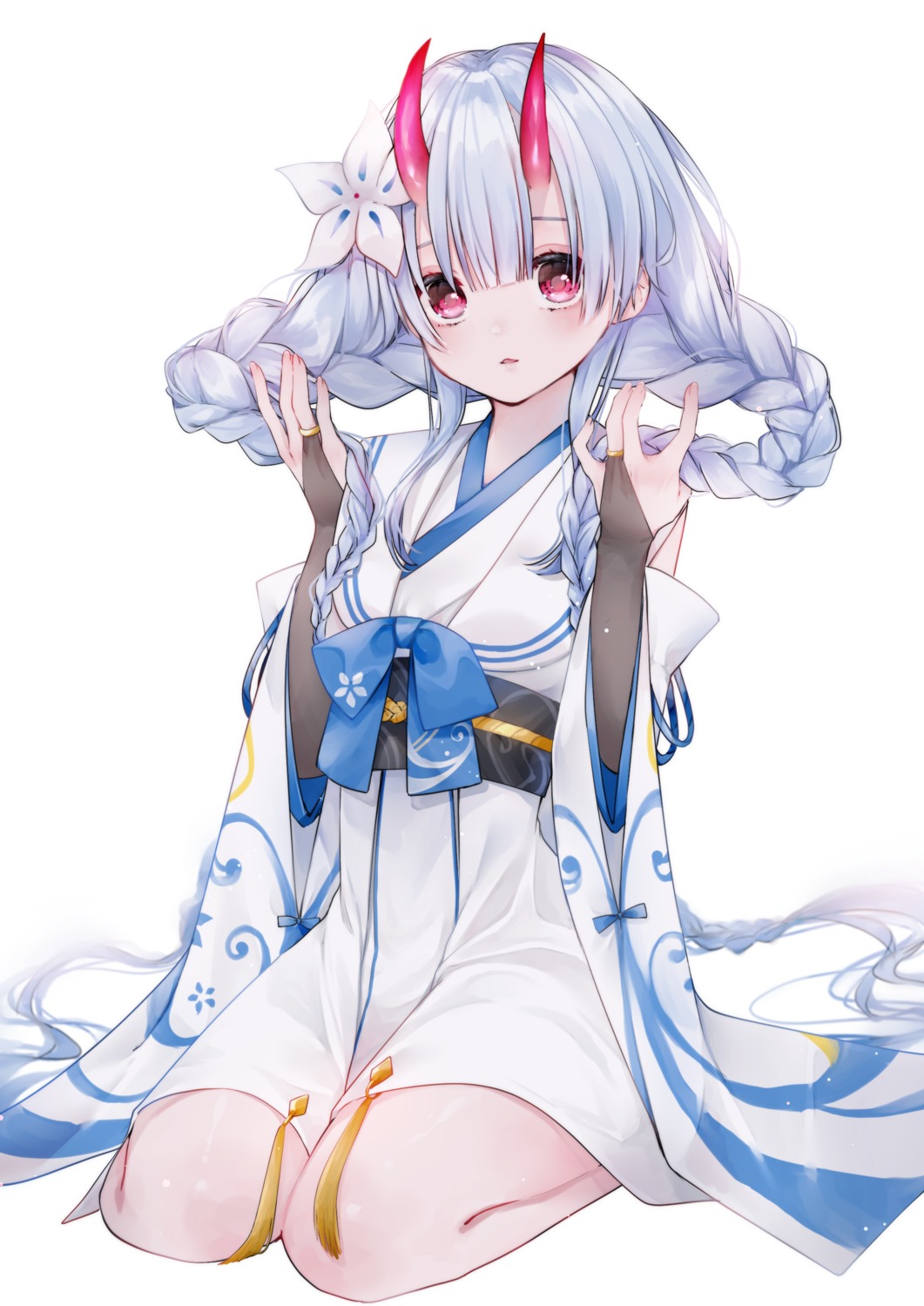 blue_archive, horns, japanese_clothes, miko_suuuuu, waraku_chise