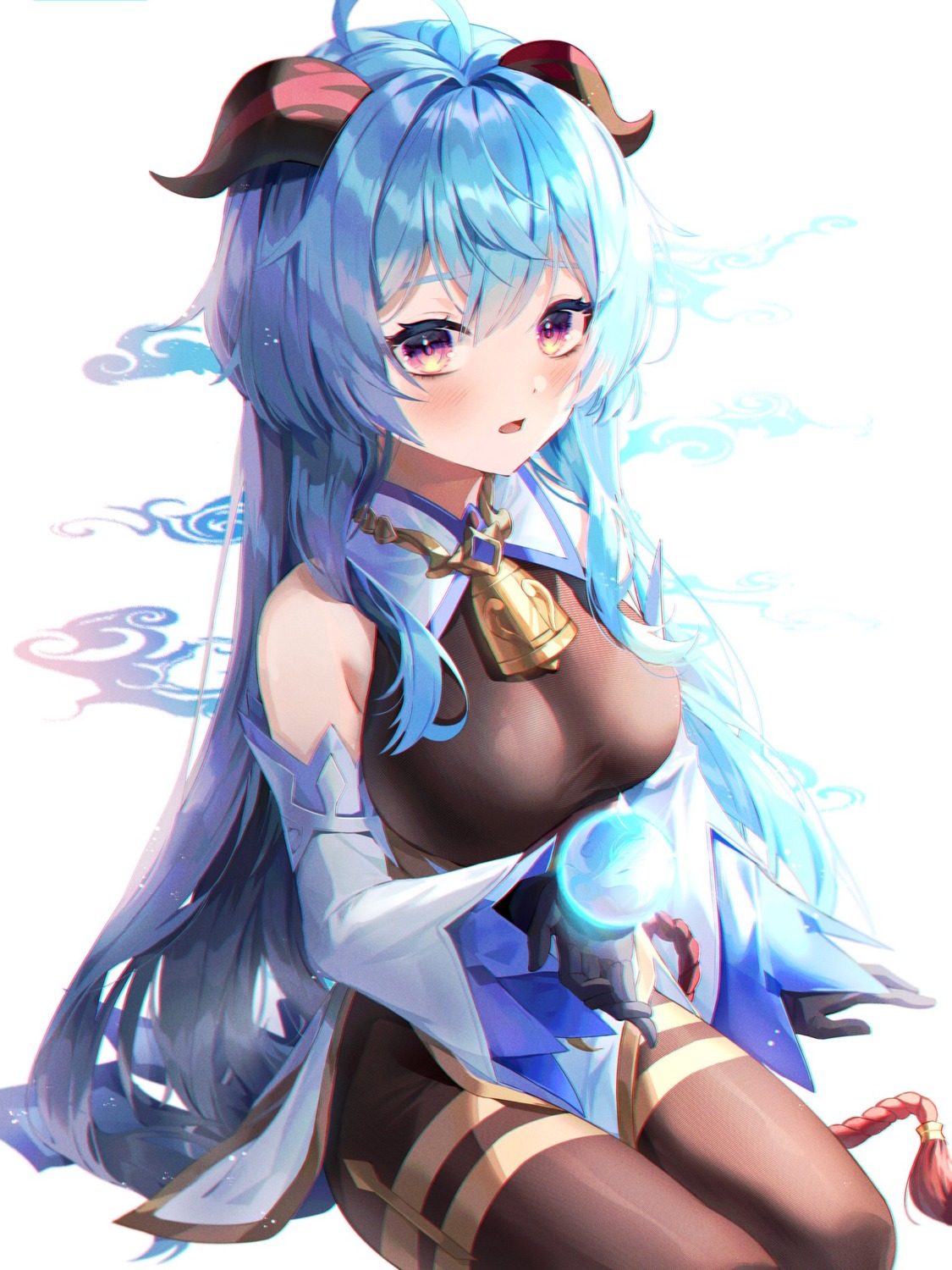asian_clothes, ganyu, genshin_impact, horns, leotard, minttchocok, pantyhose
