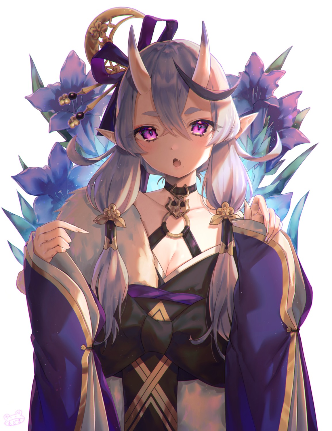 cleavage, horns, japanese_clothes, modoki_kuma, nijisanji, nijisanji_seeds, pointy_ears, rindou_mikoto