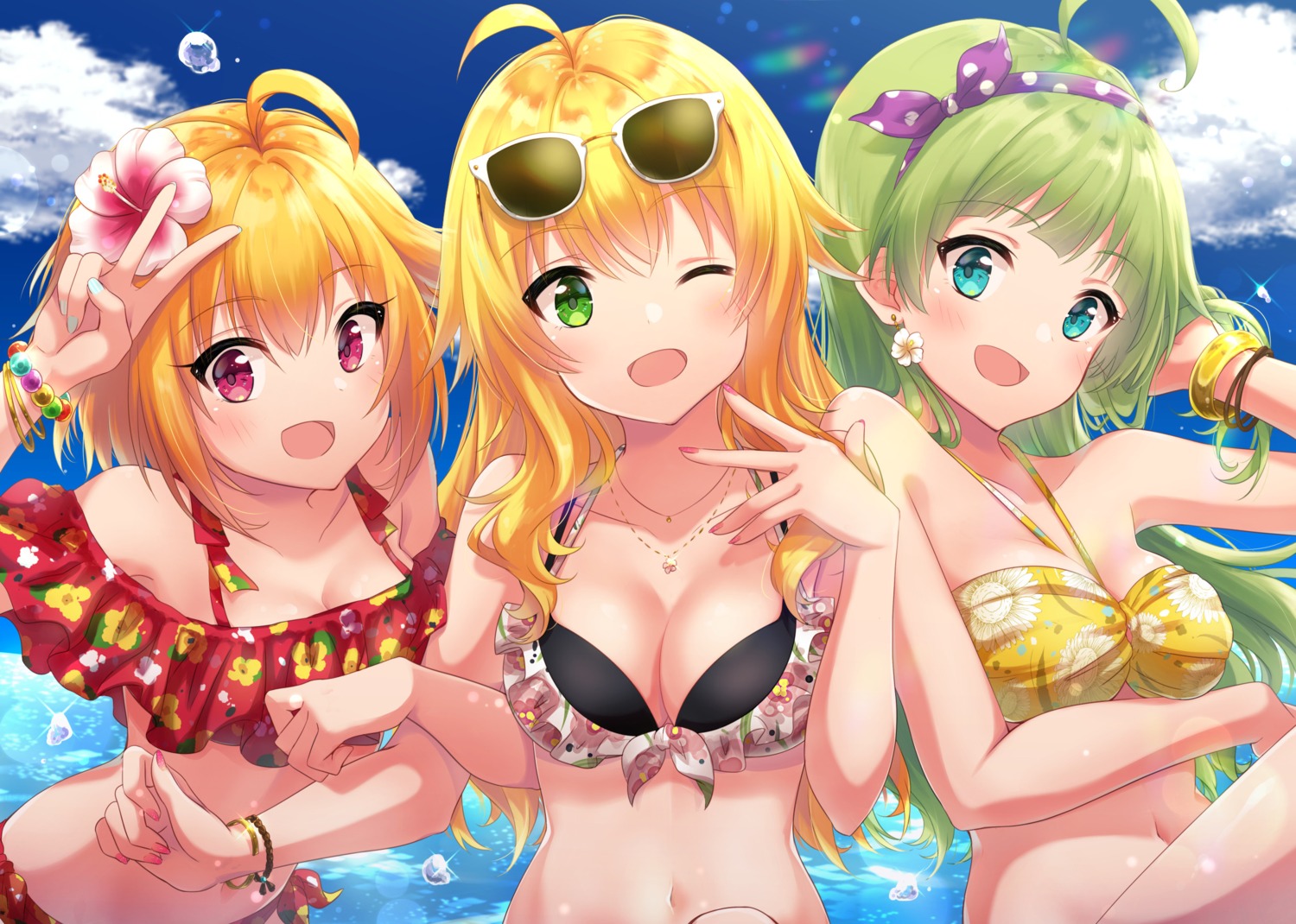 amiyu, bikini, bikini_top, breast_hold, cleavage, hoshii_miki, ibuki_tsubasa, megane