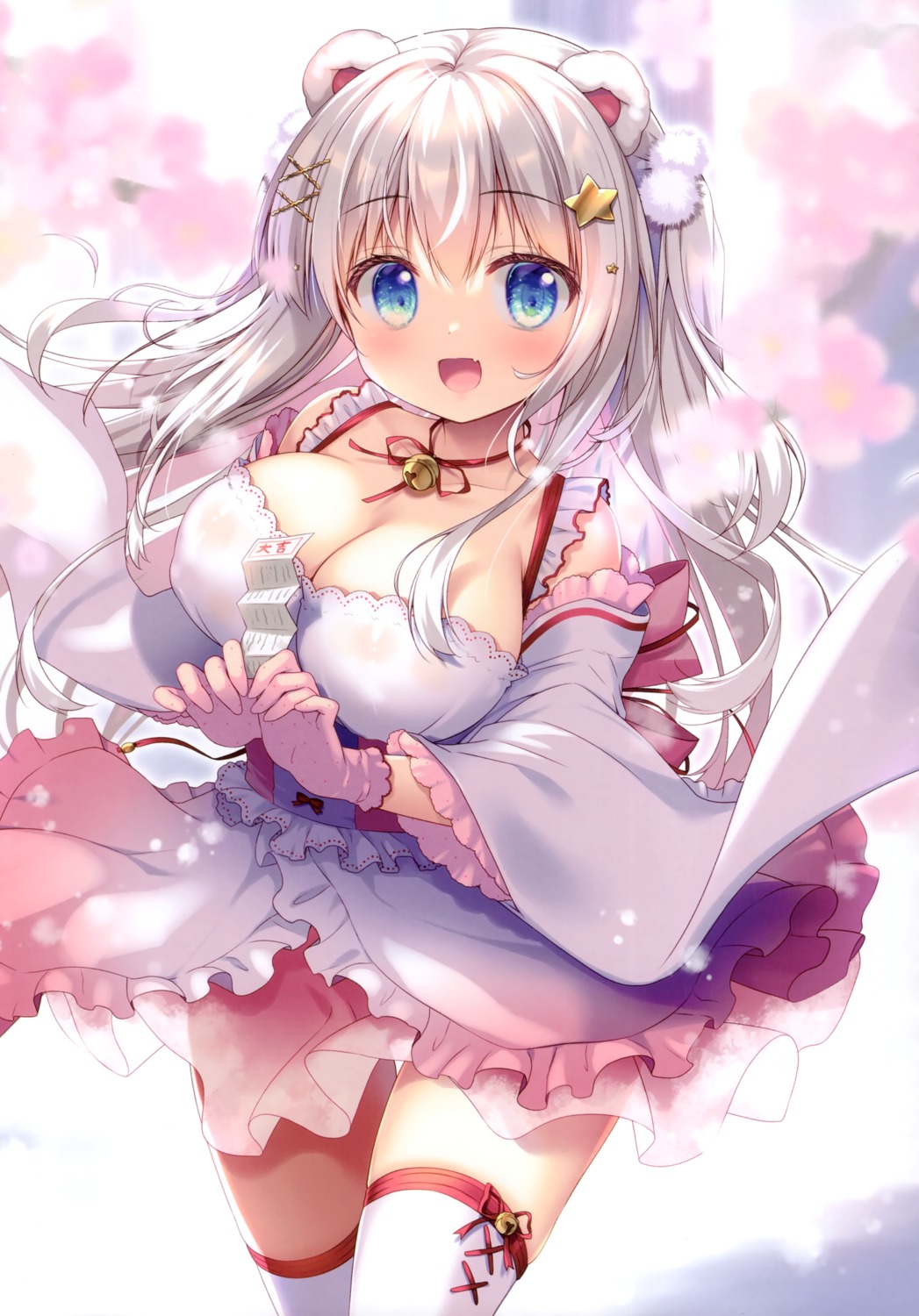 animal_ears, cleavage, erect_nipples, japanese_clothes, maid, momo_(sasai_saji), sasai_saji, see_through, skirt_lift, thighhighs