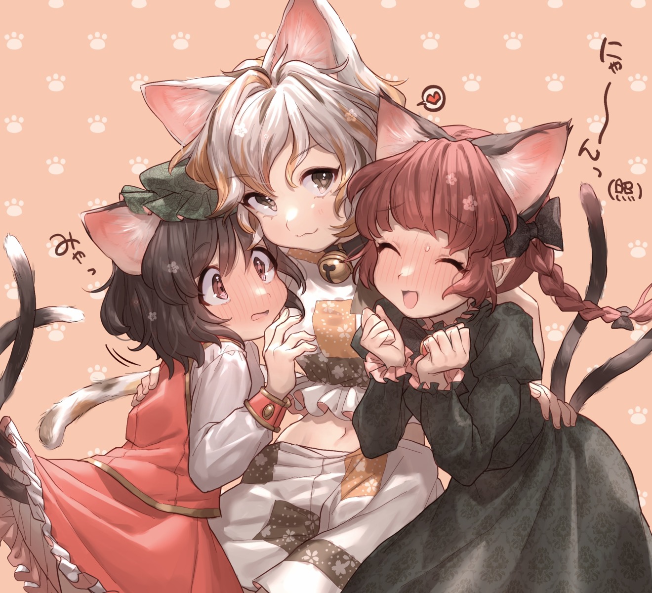 animal_ears, chen, goutokuji_mike, kaenbyou_rin, masanaga_(tsukasa), nekomimi, skirt_lift, tail