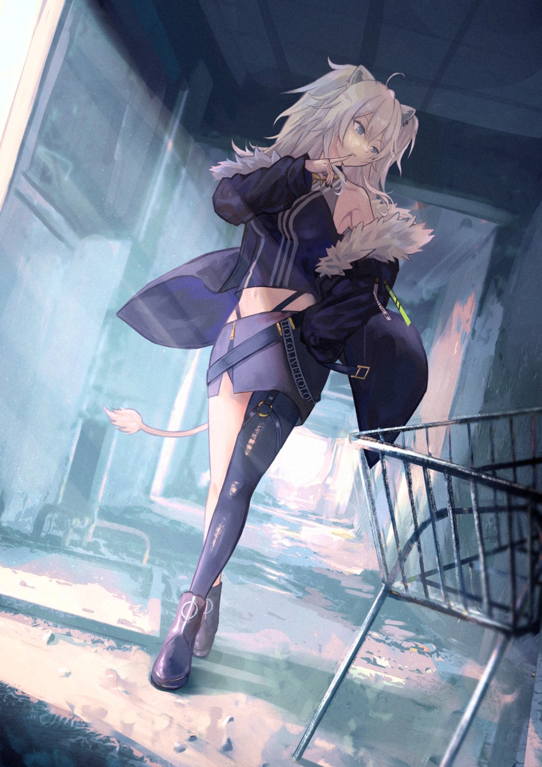 animal_ears, garter, hololive, pantsu, shishiro_botan, tail, torn_clothes, xyunx