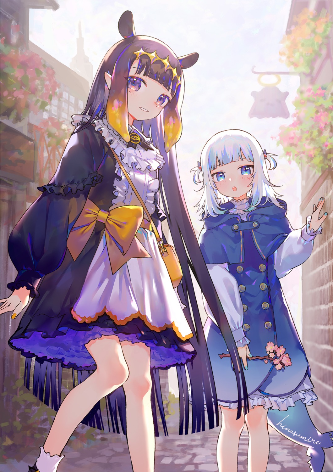 dress, gawr_gura, hinasumire, hololive, hololive_english, ninomae_ina'nis, pointy_ears, tail