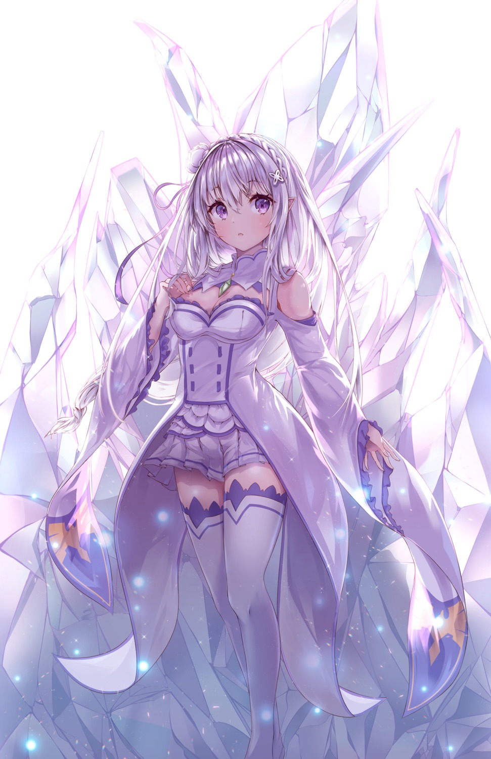 cleavage, elf, emilia_(re_zero), eunip, pointy_ears, re:zero_kara_hajimeru_isekai_seikatsu, skirt_lift, thighhighs