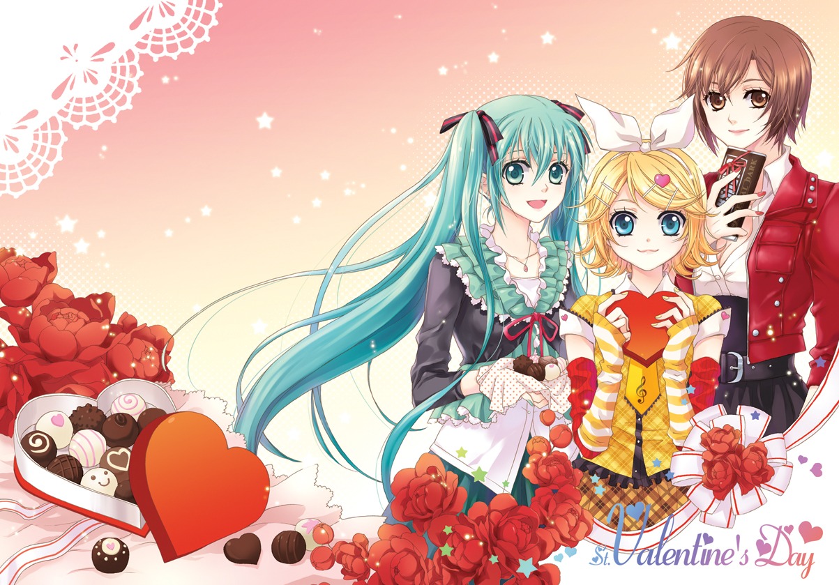 hatsune_miku, kagamine_rin, m-ca, meiko, valentine, vocaloid