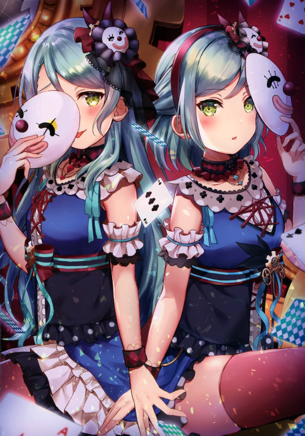 bang_dream!, bang_dream!_episode_of_roselia, cosplay, hikawa_hina, hikawa_sayo, karakuri_pierrot_(vocaloid), mia_(fai1510), thighhighs